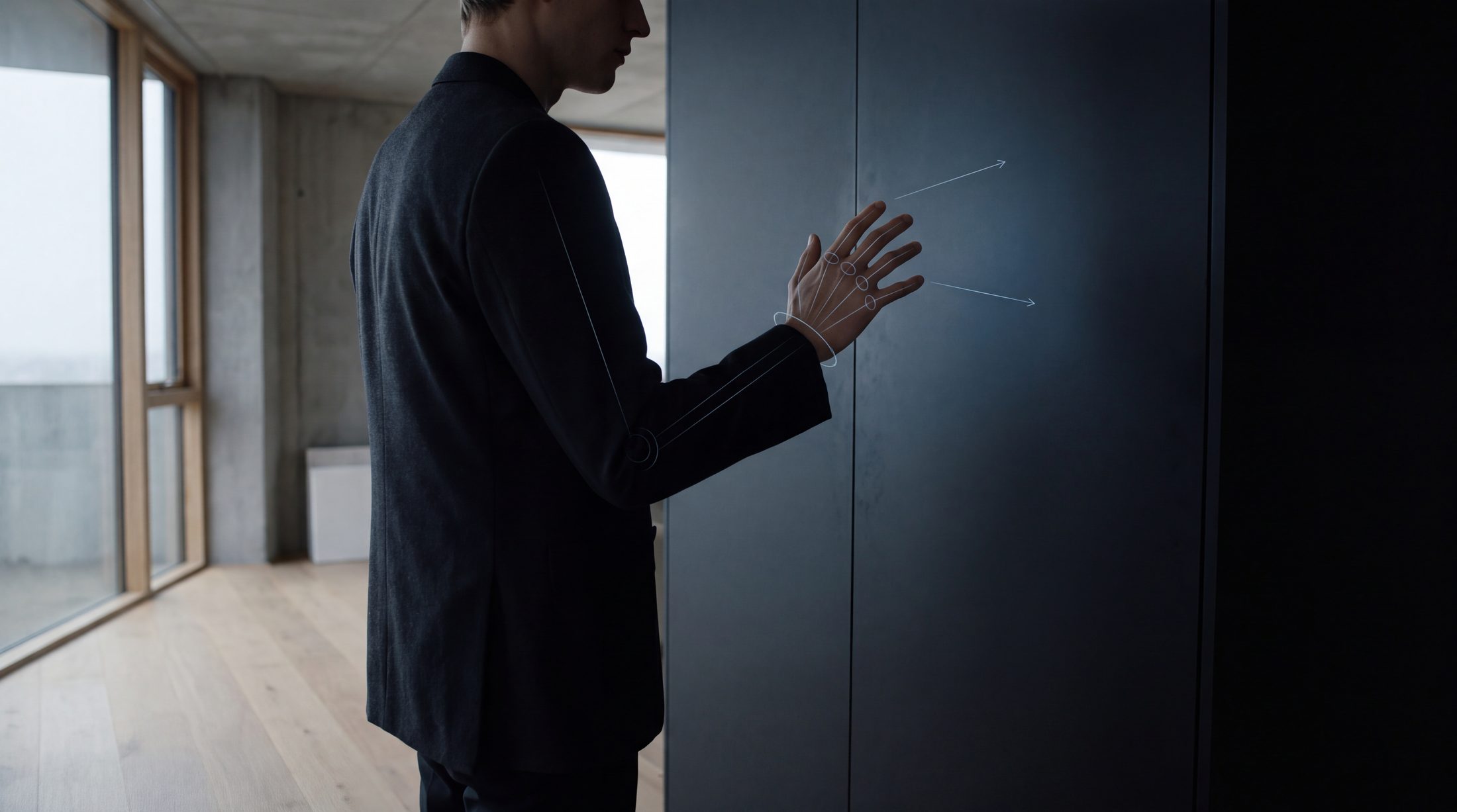 A person controlling a system through a mid-air gesture, with subtle hand tracking markers