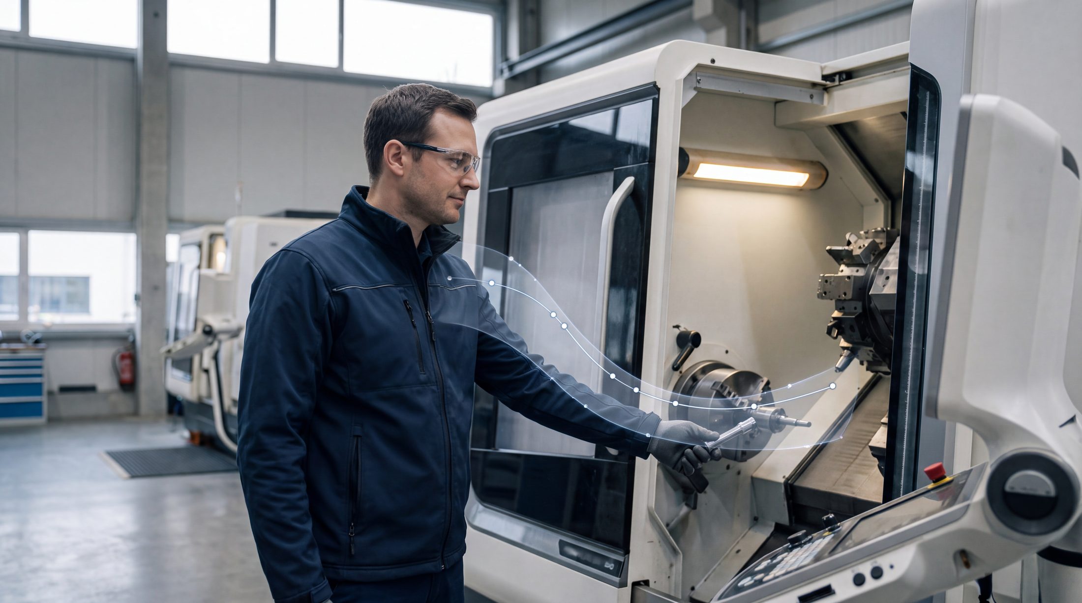 An engineer working calmly at an industrial machine while a predictive layer anticipates the hand's path