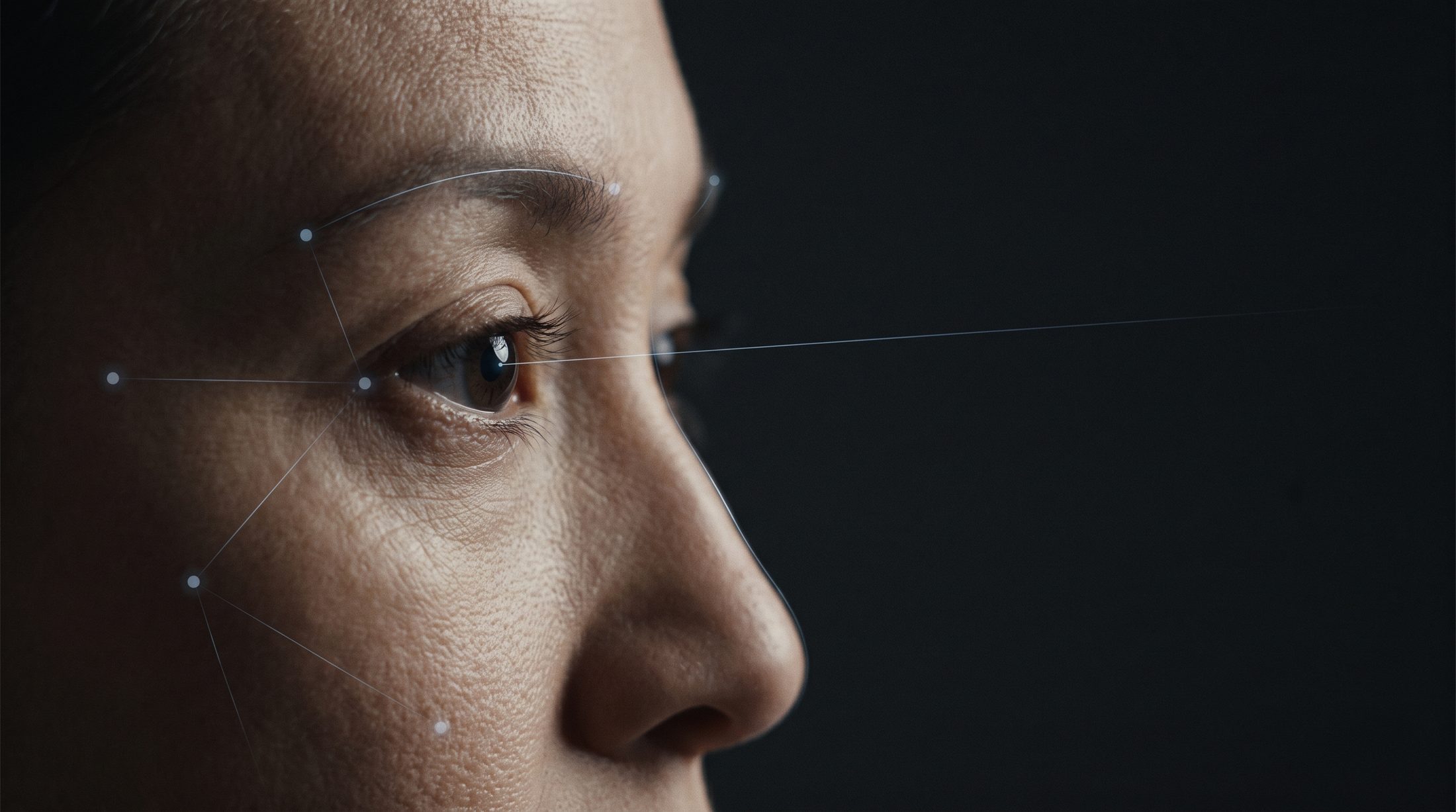 Close-up of a human eye with a faint gaze vector and precise facial landmark points