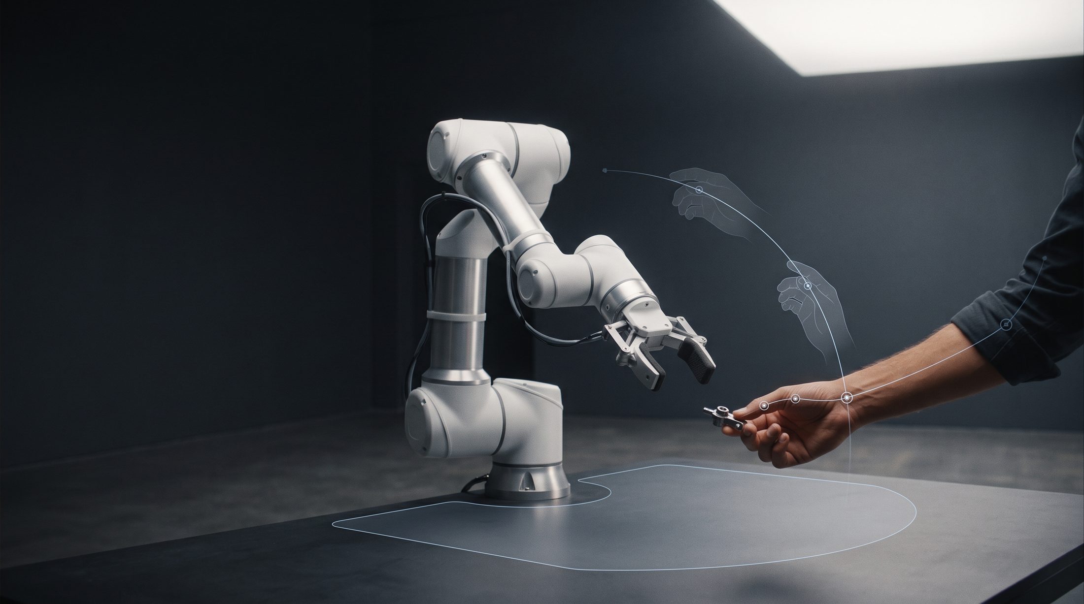 A collaborative robot arm working with a human hand, with a predicted trajectory overlay
