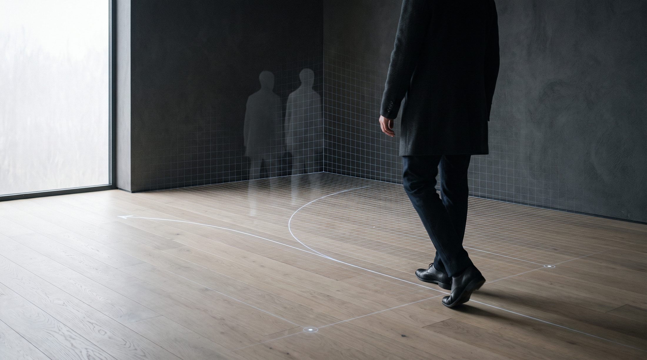 A person walking through an interior with a spatial mesh and predicted path