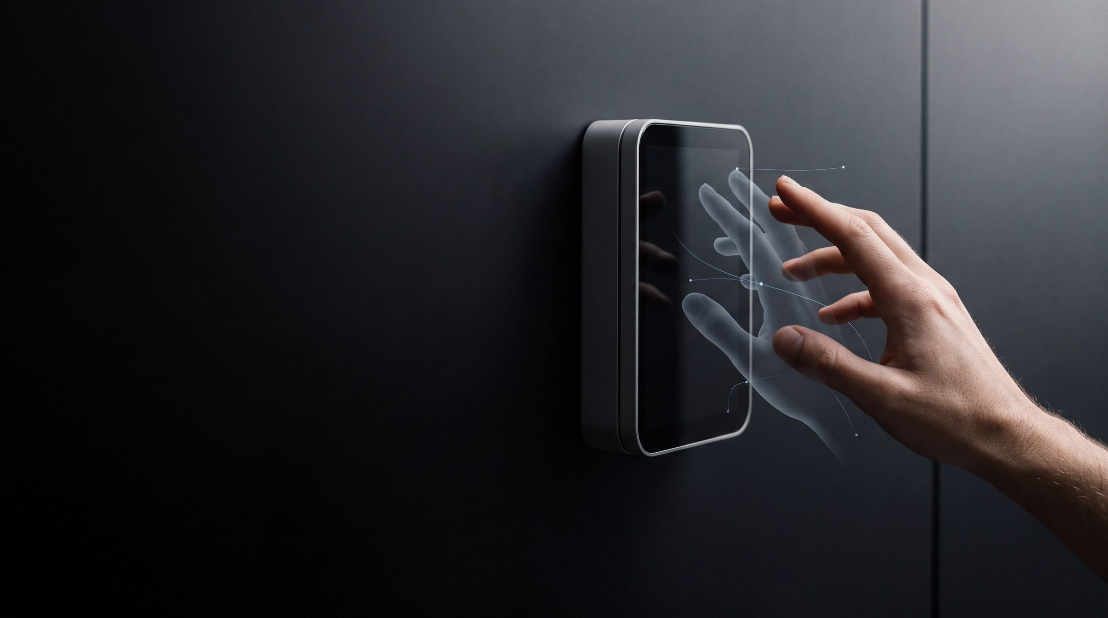 A human hand reaching toward a minimal interface, with faint predicted future positions of the hand ahead of it
